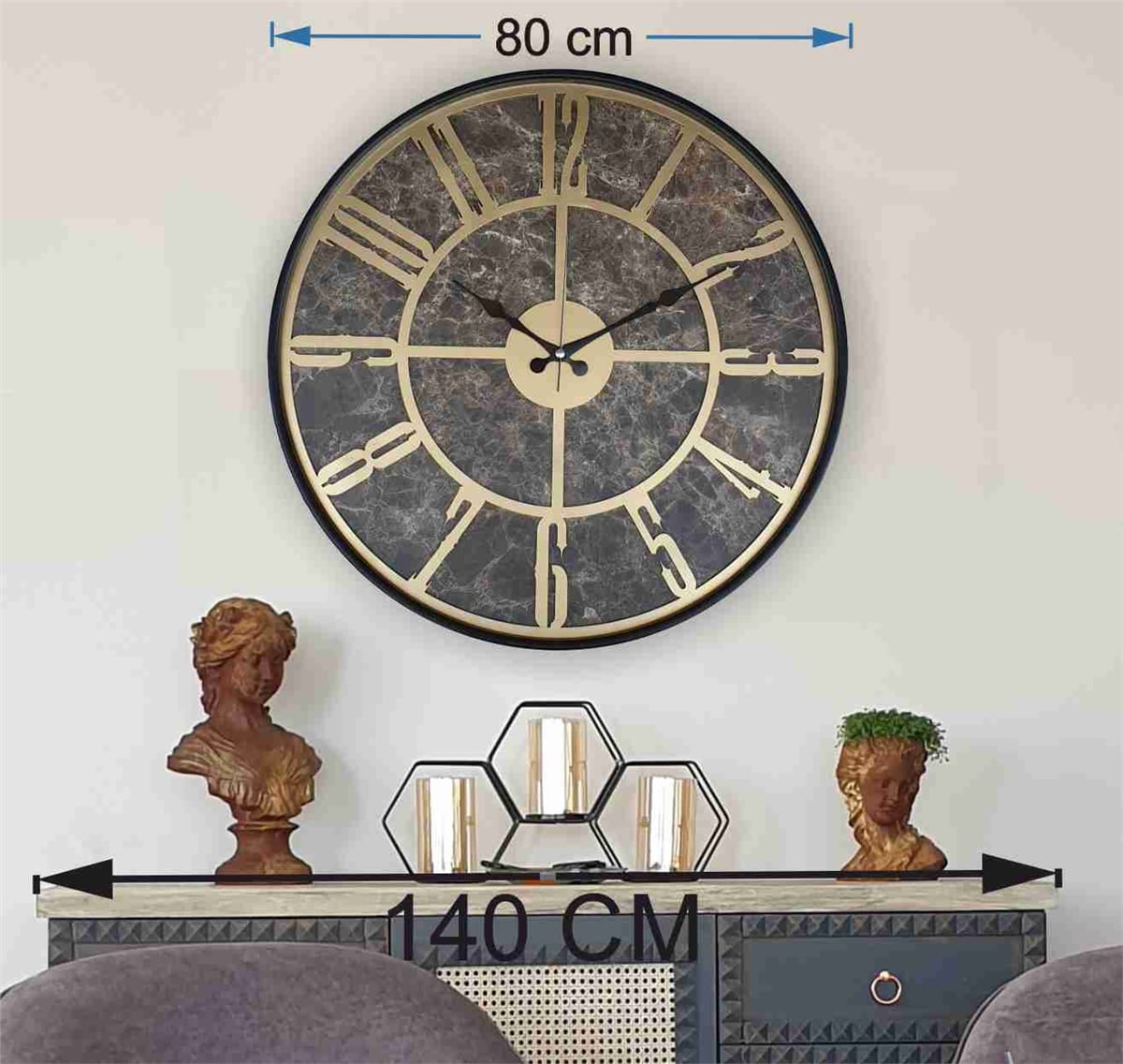 Markakanvas Siyah Metal Kasalı Mermer Desenli  Duvar Saati  ( Çap 50 cm -Çap 80 cm )