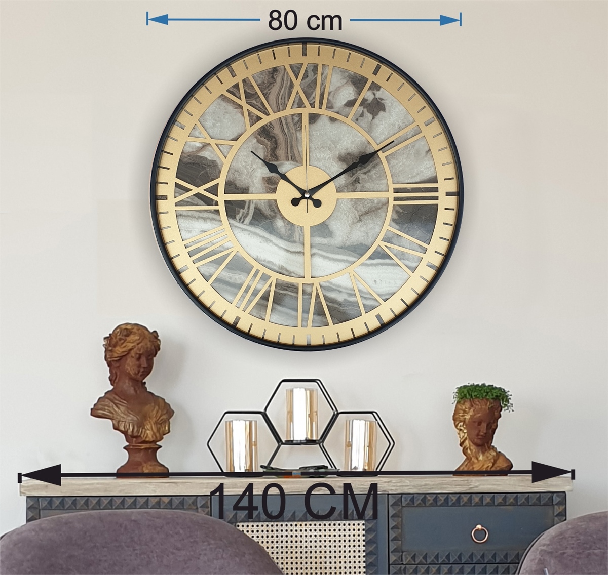 Markakanvas Siyah Metal Kasalı Mermer Desenli  Duvar Saati  ( Çap 50 cm -Çap 80 cm )