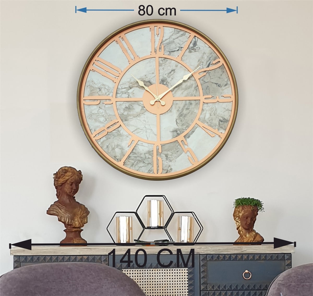 MarkakanvasAltın(Gold) Renkli  Metal Kasalı Mermer Desenli  Duvar Saati  ( Çap 50 cm -Çap 80 cm )