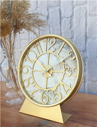 Markakanvas Metal Kasalı (Altın -Gold Renkli) Mermer Desenli  Masa ,Konsol Saati