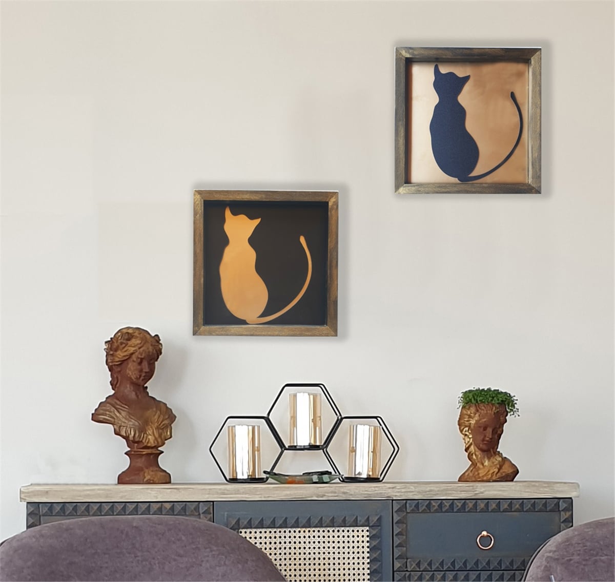 Markakanvas Ahşap Altın(GOLD) ,Siyah Kedili  İkili Kare Tablo 30x30 cm