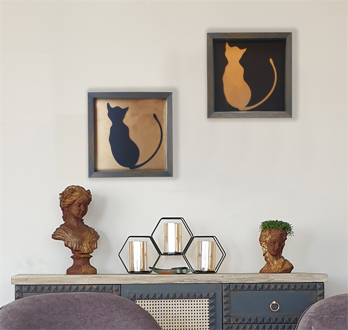 Markakanvas Ahşap Altın(GOLD) ,Siyah Kedili  İkili  Kare Tablo 30x30 cm