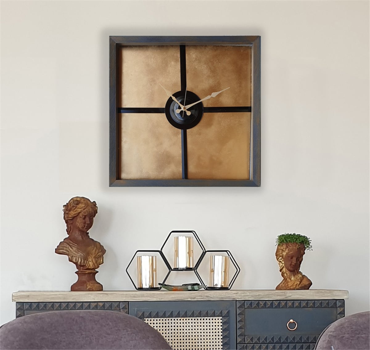 Markakanvas Ahşap ,Metal Altın(Gold)Renkli Duvar Saati 50x50cm