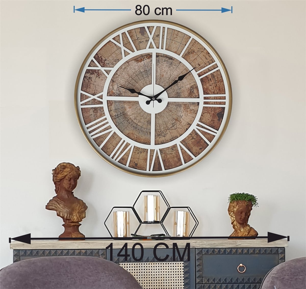 Markakanvas Altın(GOLD) Renk Metal Kasalı Eski Dünya Haritalı Duvar Saati (Çap 50 cm - 80 cm )