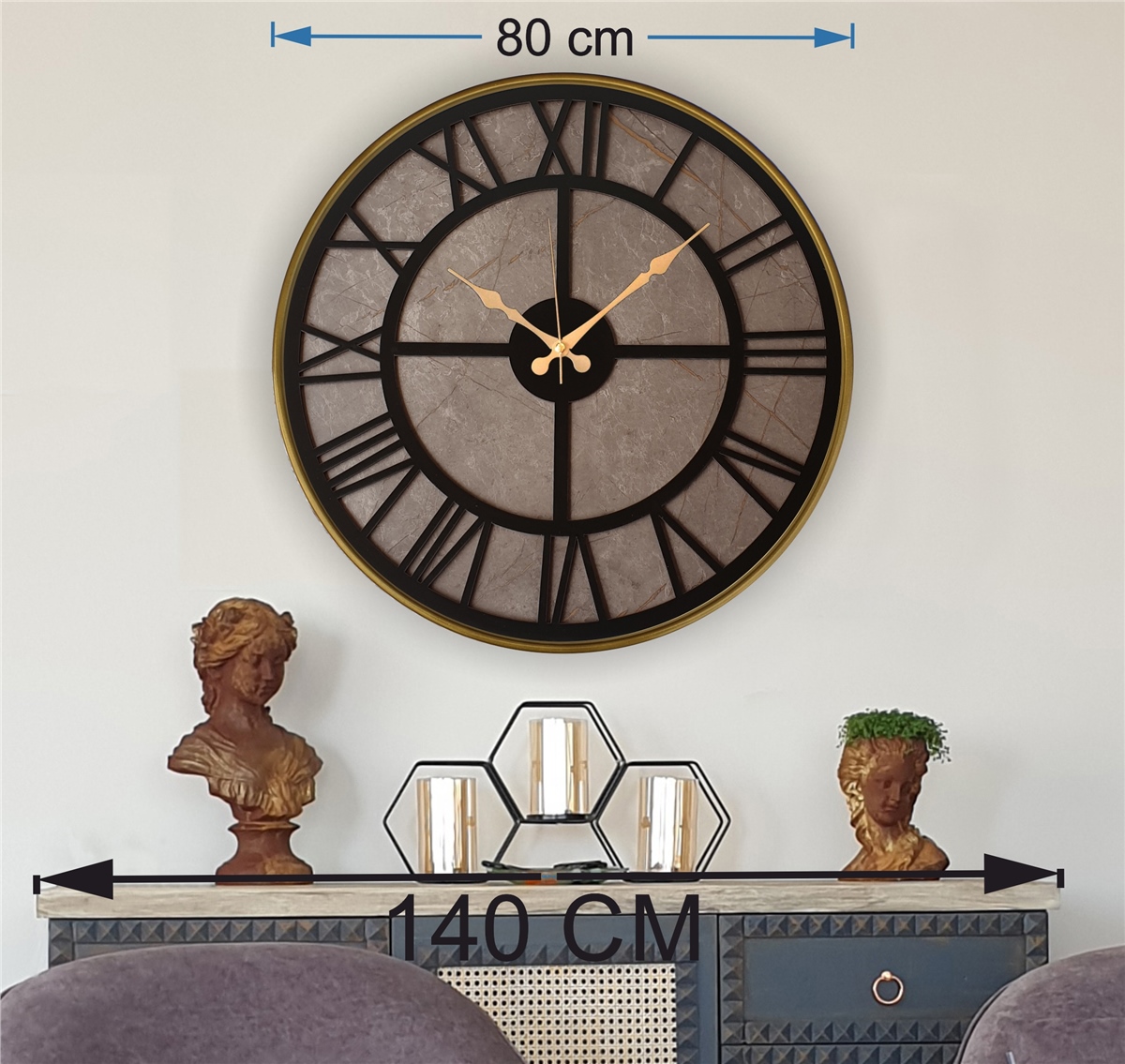 Markakanvas Altın(Gold) Renk Metal Kasalı Mermer Desenli Duvar Saati Çap 50 - 80 cm
