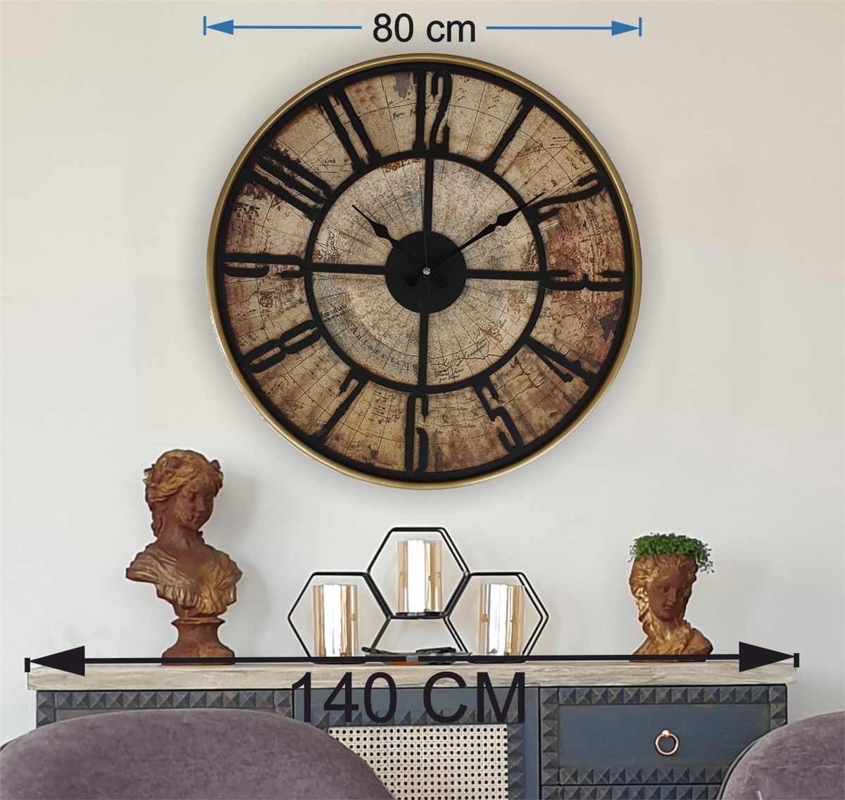 Markakanvas Altın(GOLD) Renk Metal Kasalı Eski Dünya Haritalı Duvar Saati (Çap 50 cm - 80 cm )