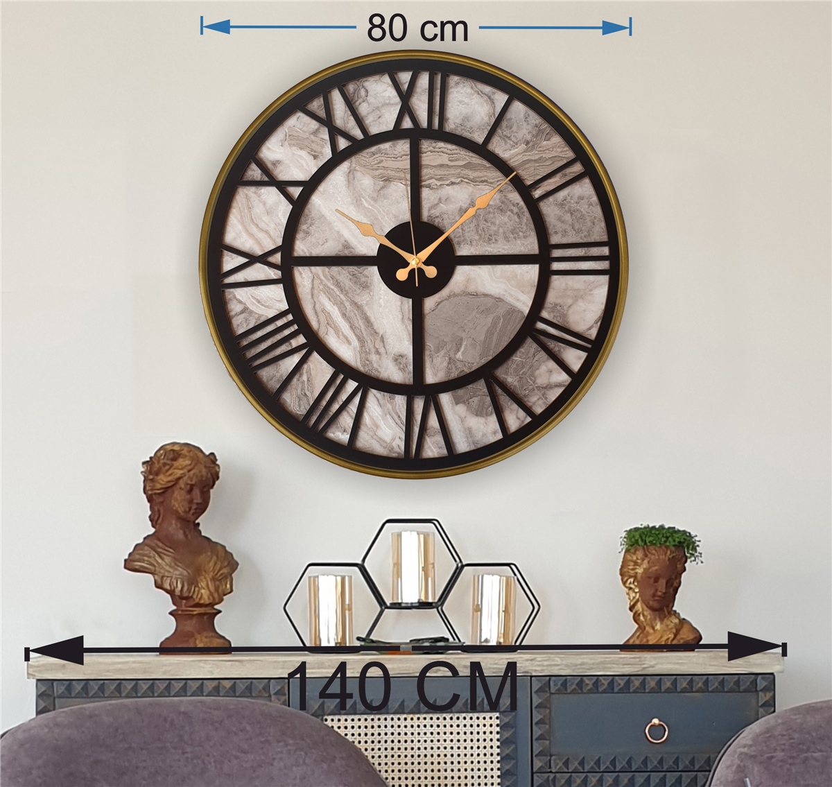 Markakanvas Altın(Gold) Renk Metal Kasalı Mermer Desenli Duvar Saati Çap 50 - 80 cm