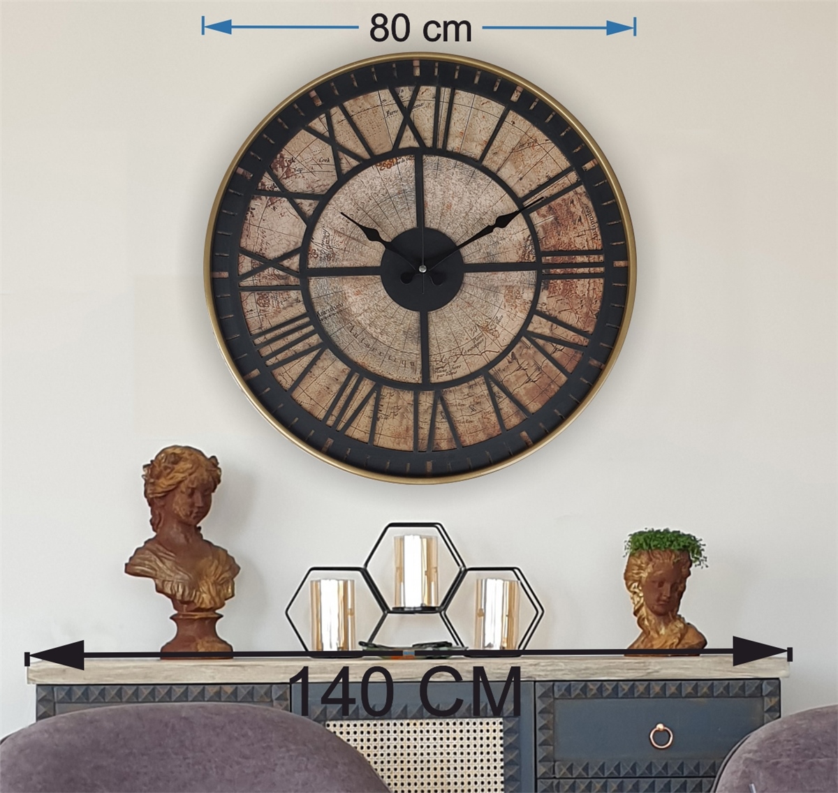 Markakanvas Altın(GOLD) Renk Metal Kasalı Eski Dünya Haritalı Duvar Saati (Çap 50 cm - 80 cm )