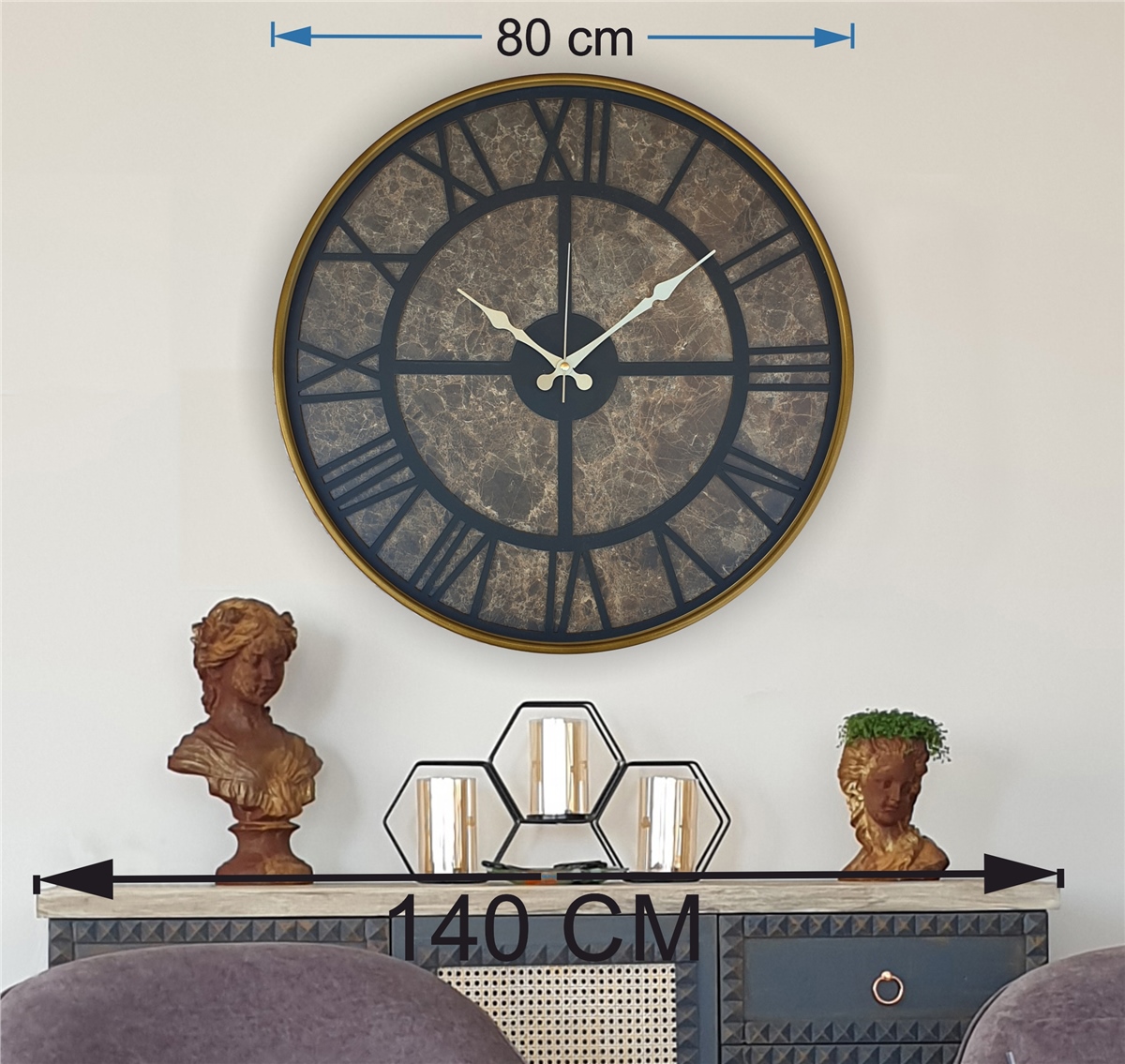 Markakanvas Altın(Gold) Renk Metal Kasalı Mermer Desenli Duvar Saati Çap 50 - 80 cm