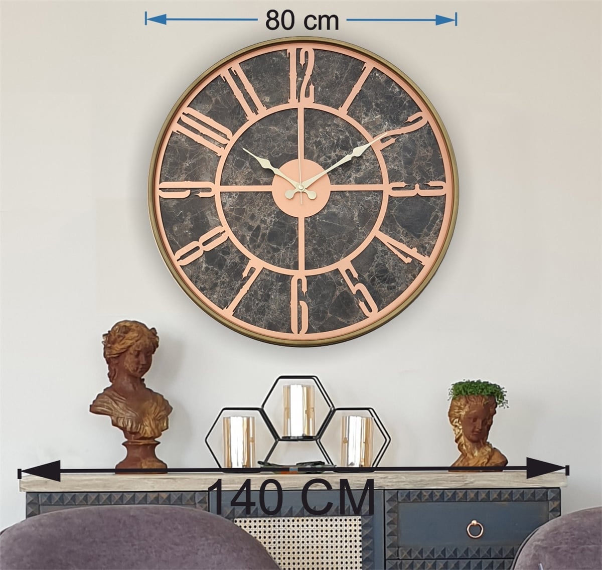Markakanvas Altın(gold) Renkli Metal Kasalı Mermer Desenli  Duvar Saati  ( Çap 50 cm -Çap 80 cm )