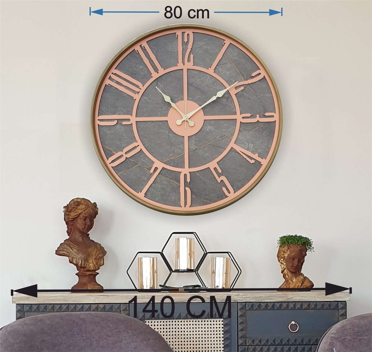 Markakanvas Altın(gold) Renkli Metal Kasalı Mermer Desenli  Duvar Saati  ( Çap 50 cm -Çap 80 cm )