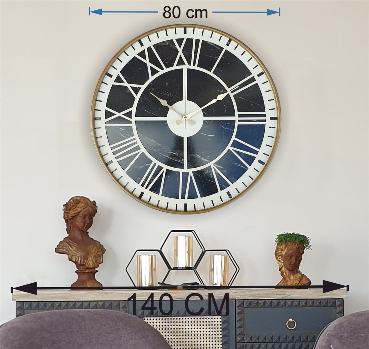 Markakanvas Altın(Gold) Renkli Metal Kasalı Mermer Desenli  Duvar Saati  ( Çap 50 cm -Çap 80 cm )