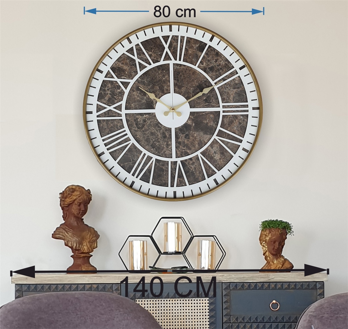 Markakanvas Altın(gold) Renkli Metal Kasalı Mermer Desenli  Duvar Saati  ( Çap 50 cm -Çap 80 cm )