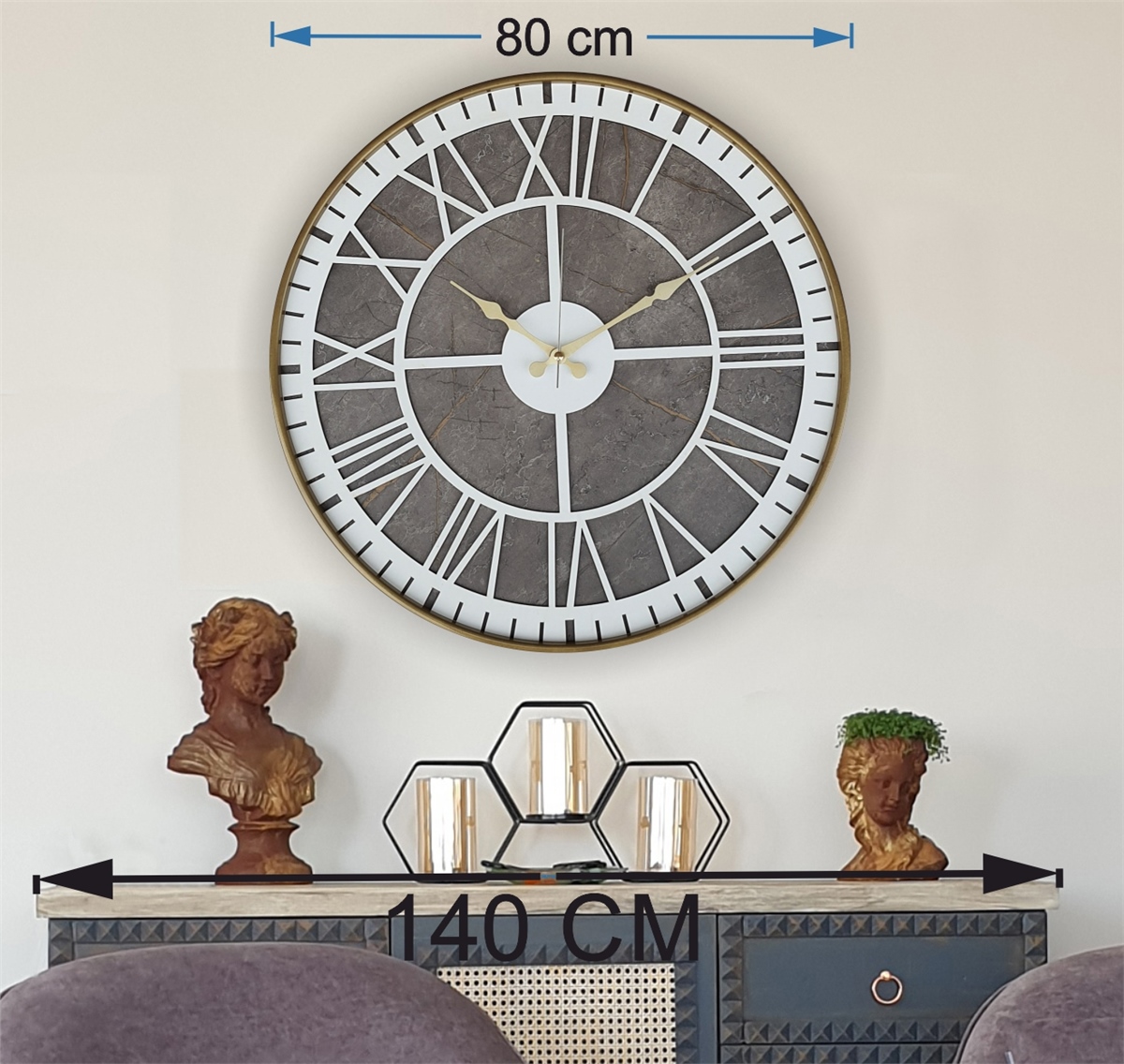 Markakanvas Altın(gold) Renkli Metal Kasalı Mermer Desenli  Duvar Saati  ( Çap 50 cm -Çap 80 cm )
