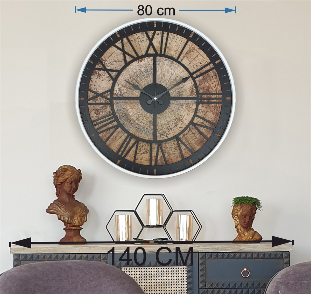 Markakanvas Beyaz Metal Kasalı Eski Dünya Haritalı Duvar Saati (Çap 50 cm - 80 cm )
