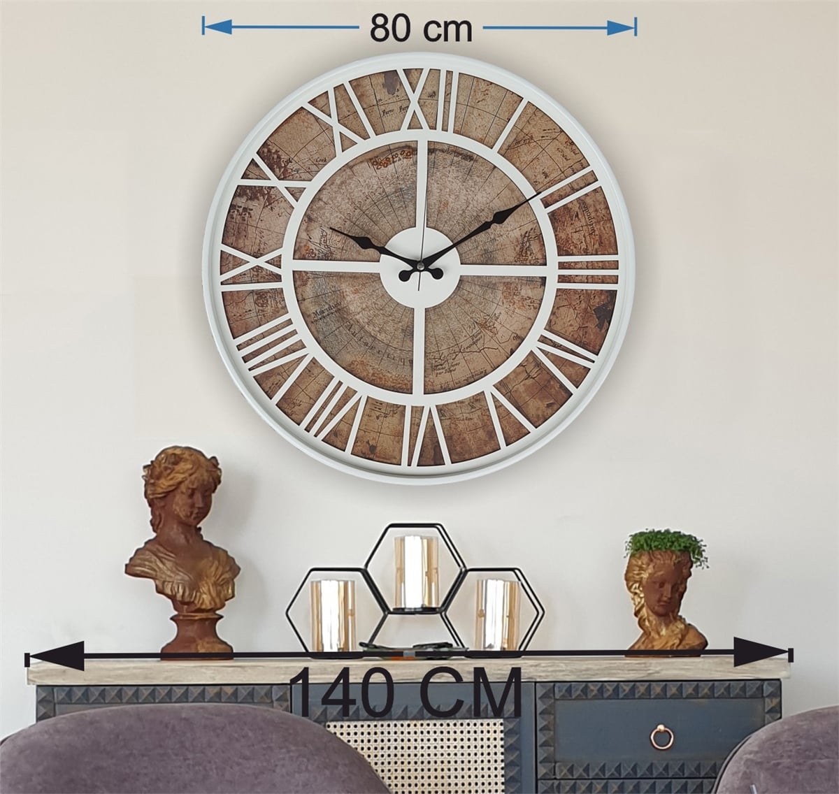 Markakanvas Beyaz Metal Kasalı Eski Dünya Haritalı Duvar Saati (Çap 50 cm - 80 cm )
