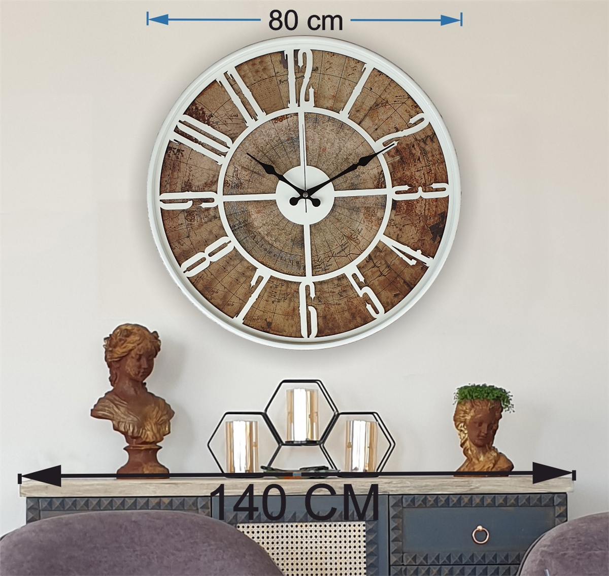 Markakanvas Beyaz Metal Kasalı Eski Dünya Haritalı Duvar Saati (Çap 50 cm - 80 cm )