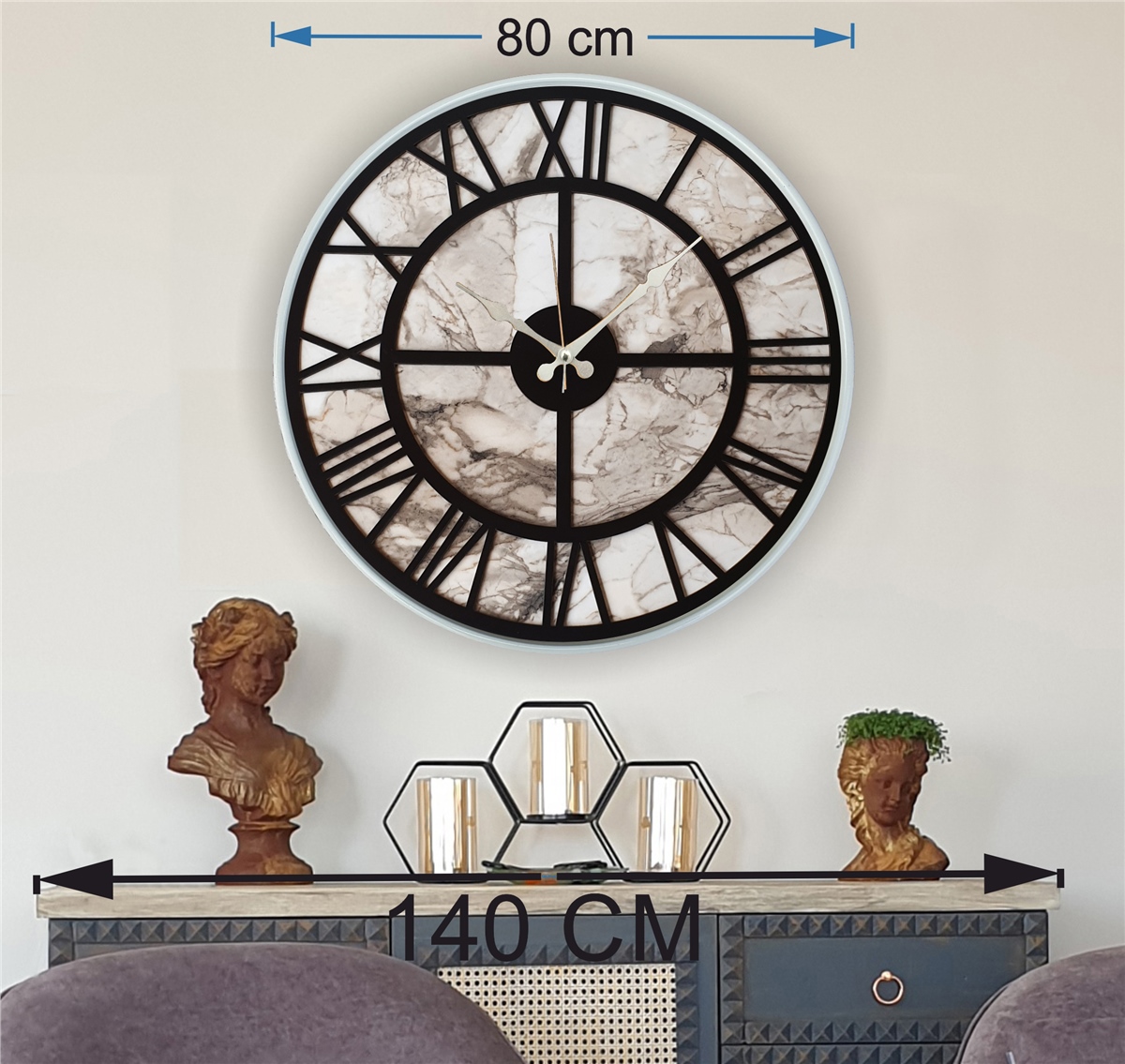Markakanvas Beyaz Metal Kasalı Mermer Desenli Duvar Saati Çap 50 - 80 cm
