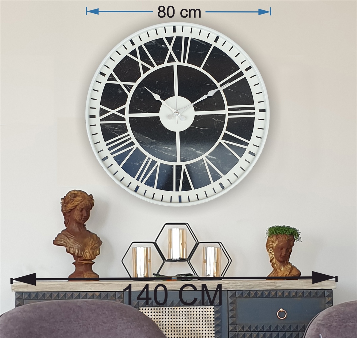 Markakanvas Beyaz Metal Kasalı Mermer Desenli  Duvar Saati  ( Çap 50 cm -Çap 80 cm )