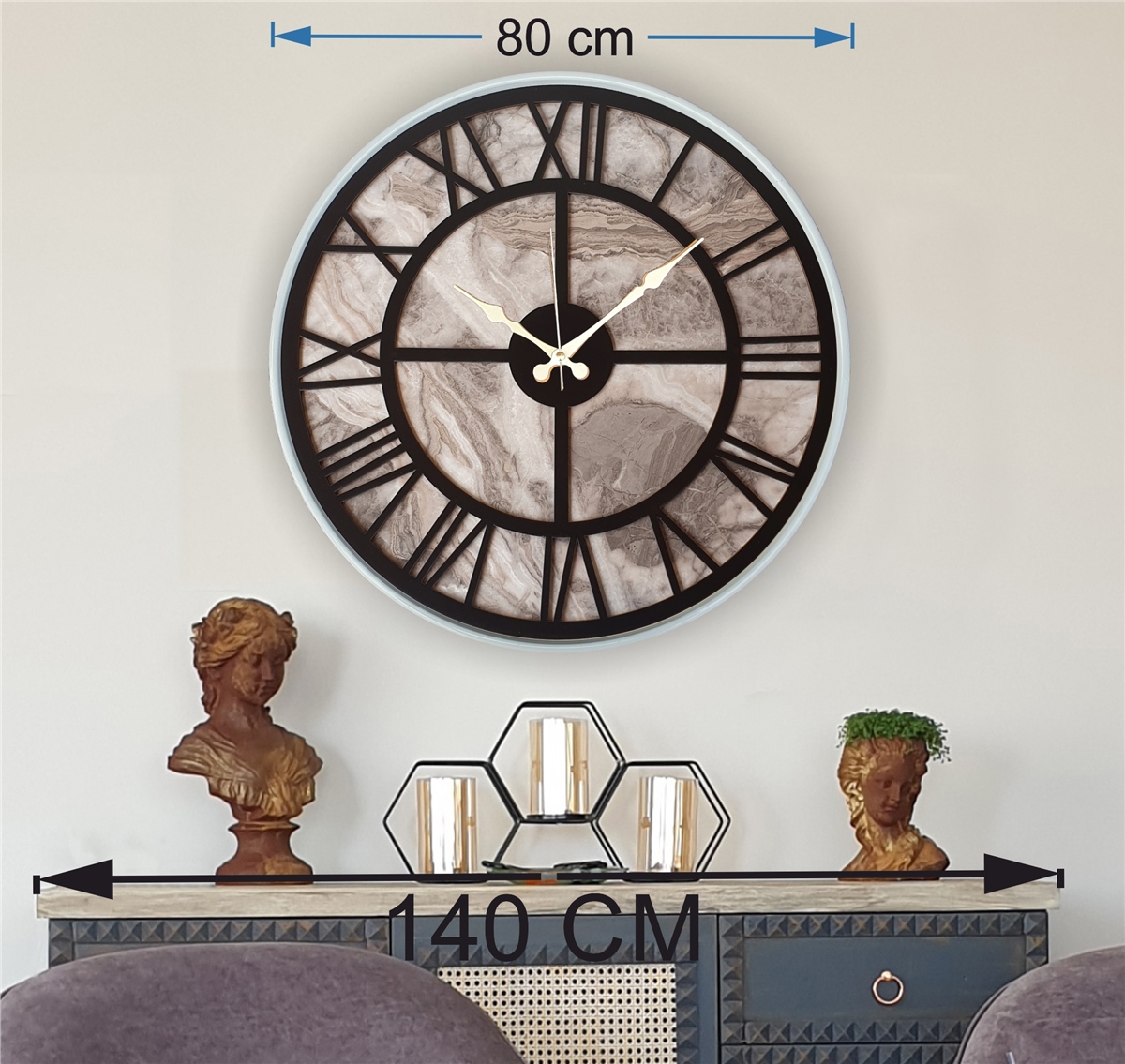 Markakanvas Beyaz Metal Kasalı Mermer Desenli Duvar Saati Çap 50 - 80 cm