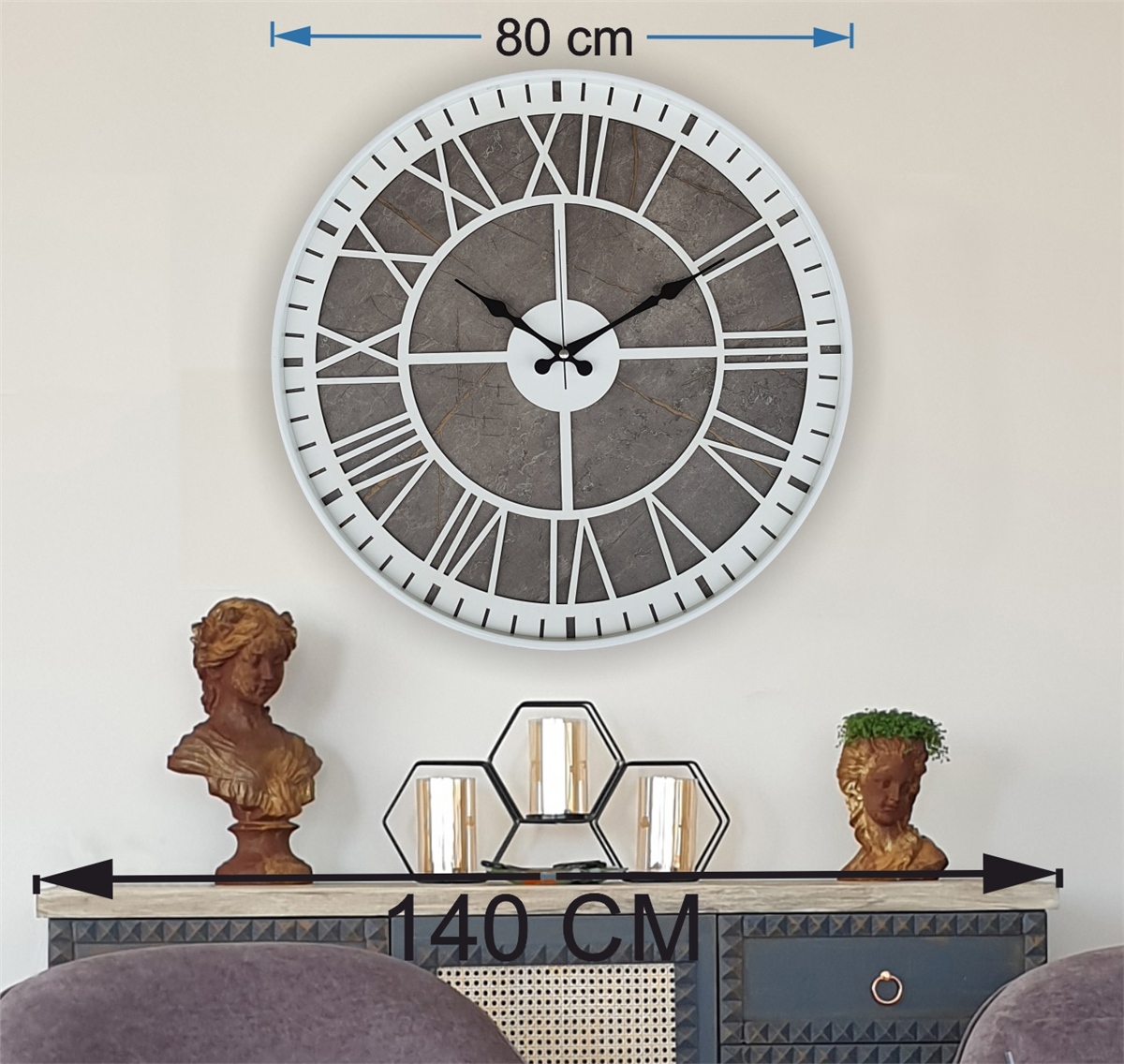 Markakanvas Beyaz Metal Kasalı Mermer Desenli  Duvar Saati  ( Çap 50 cm -Çap 80 cm )