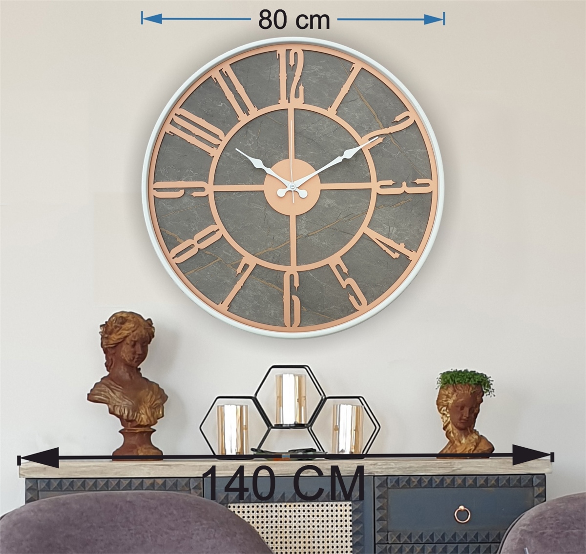 Markakanvas Beyaz Metal Kasalı Mermer Desenli  Duvar Saati  ( Çap 50 cm -Çap 80 cm )