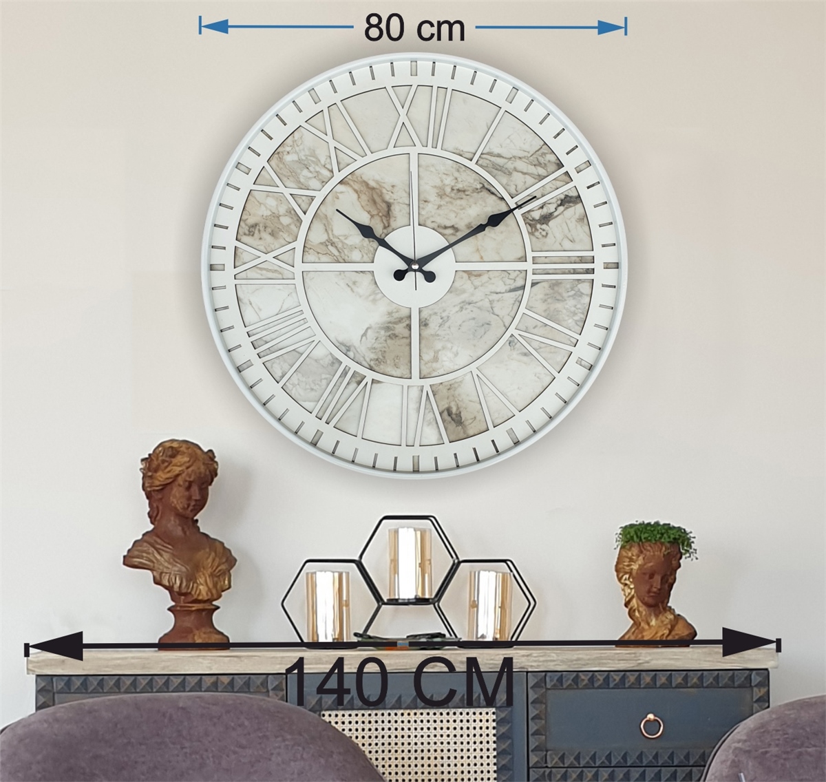 Markakanvas Beyaz Metal Kasalı Mermer Desenli  Duvar Saati  ( Çap 50 cm -Çap 80 cm )