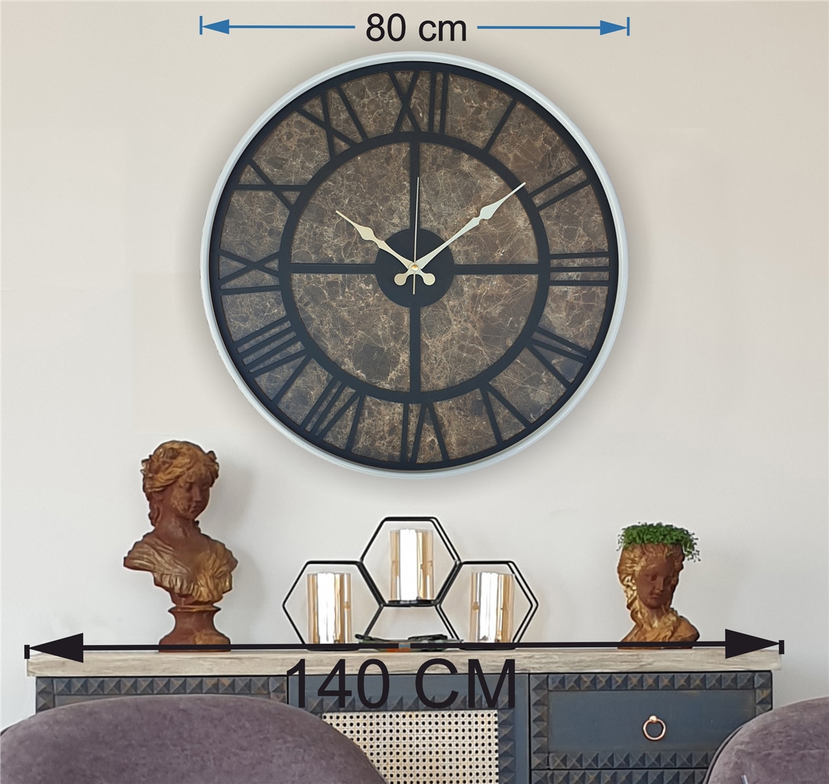 Markakanvas Beyaz Metal Kasalı Mermer Desenli Duvar Saati Çap 50 - 80 cm