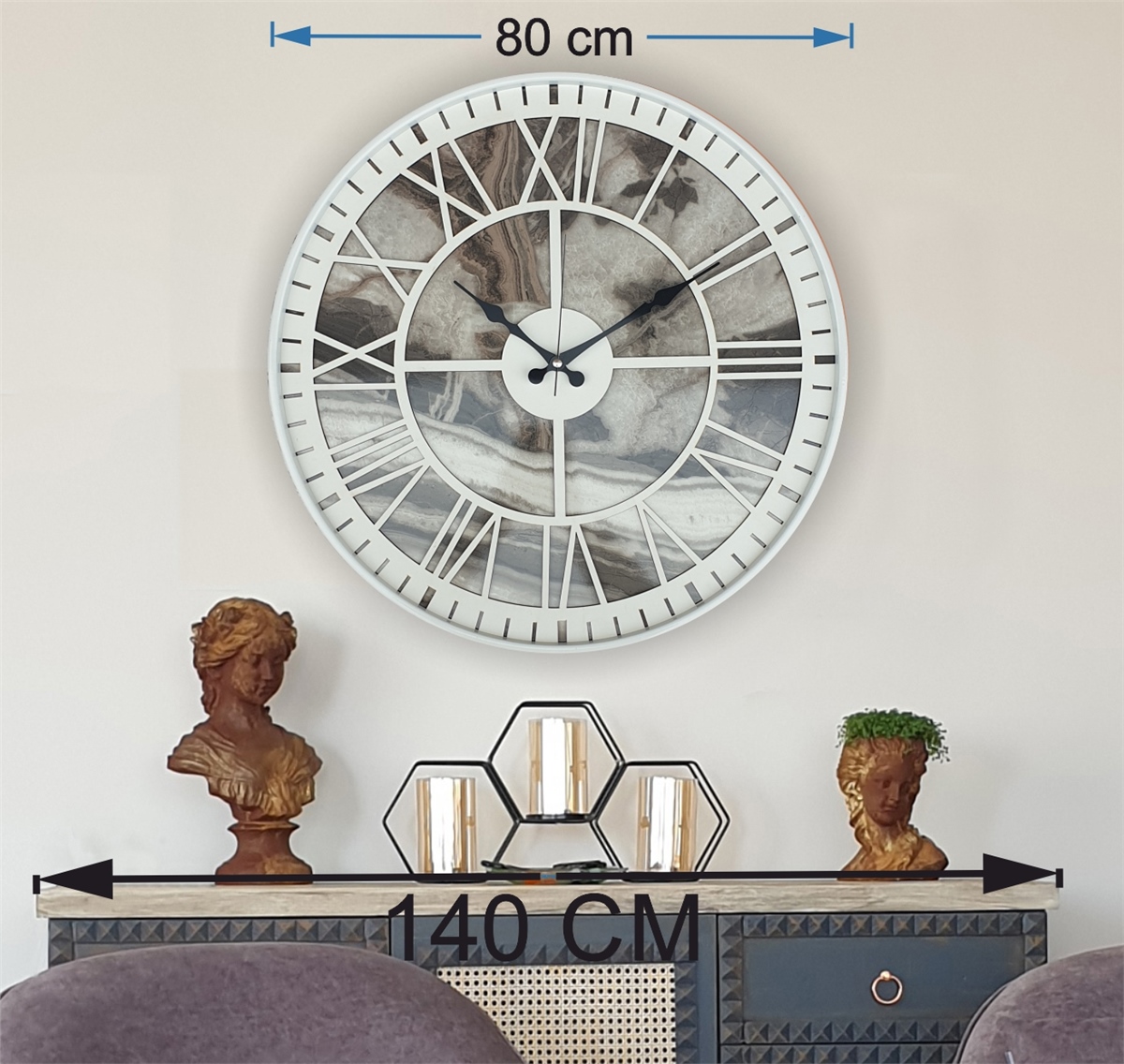 Markakanvas Beyaz Metal Kasalı Mermer Desenli  Duvar Saati  ( Çap 50 cm -Çap 80 cm )
