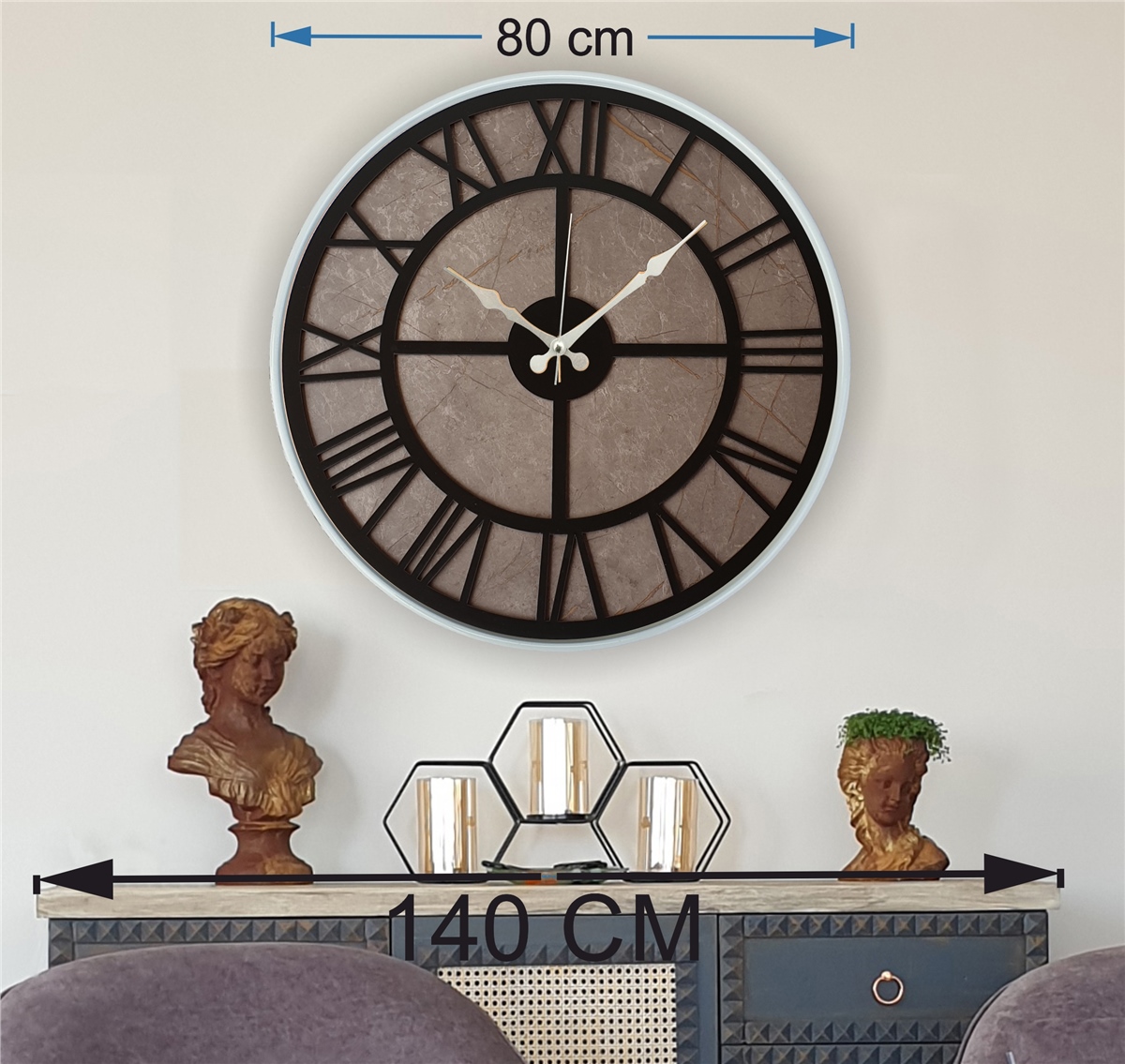 Markakanvas Beyaz Metal Kasalı Mermer Desenli Duvar Saati Çap 50 - 80 cm
