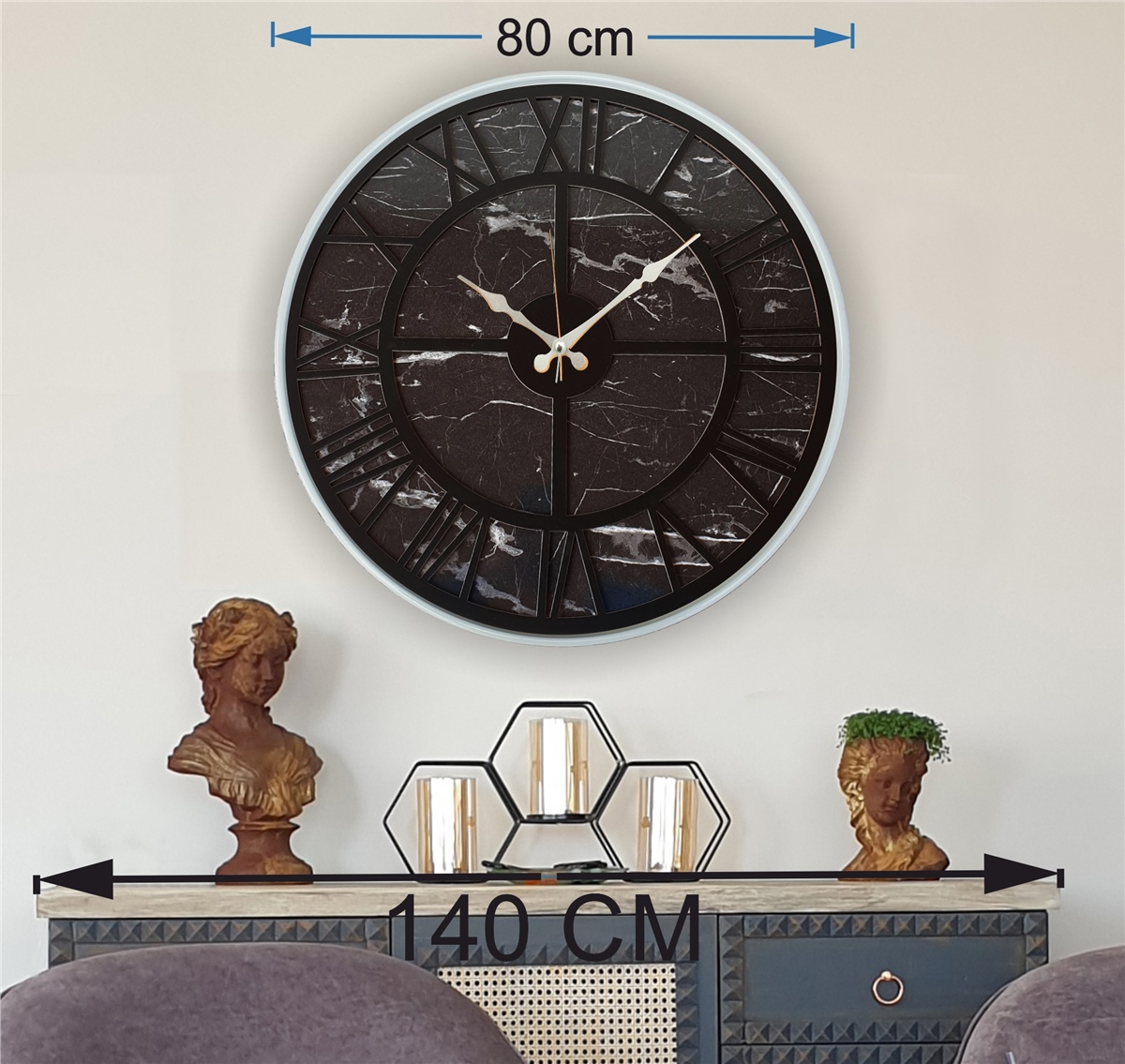 Markakanvas Beyaz Metal Kasalı Mermer Desenli Duvar Saati Çap 50 - 80 cm