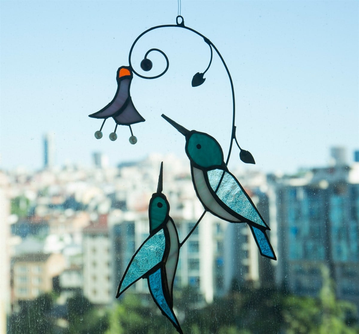 Markakanvas Dalda Sevgi Dolu Bekleyen İkili Ağaçkakan Kuş Cam Vitray 16x28cm