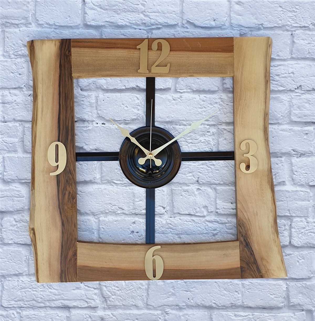 Markakanvas Doğal Ceviz Masif Ahşap,Metal Kare Duvar Saati 50x50cm