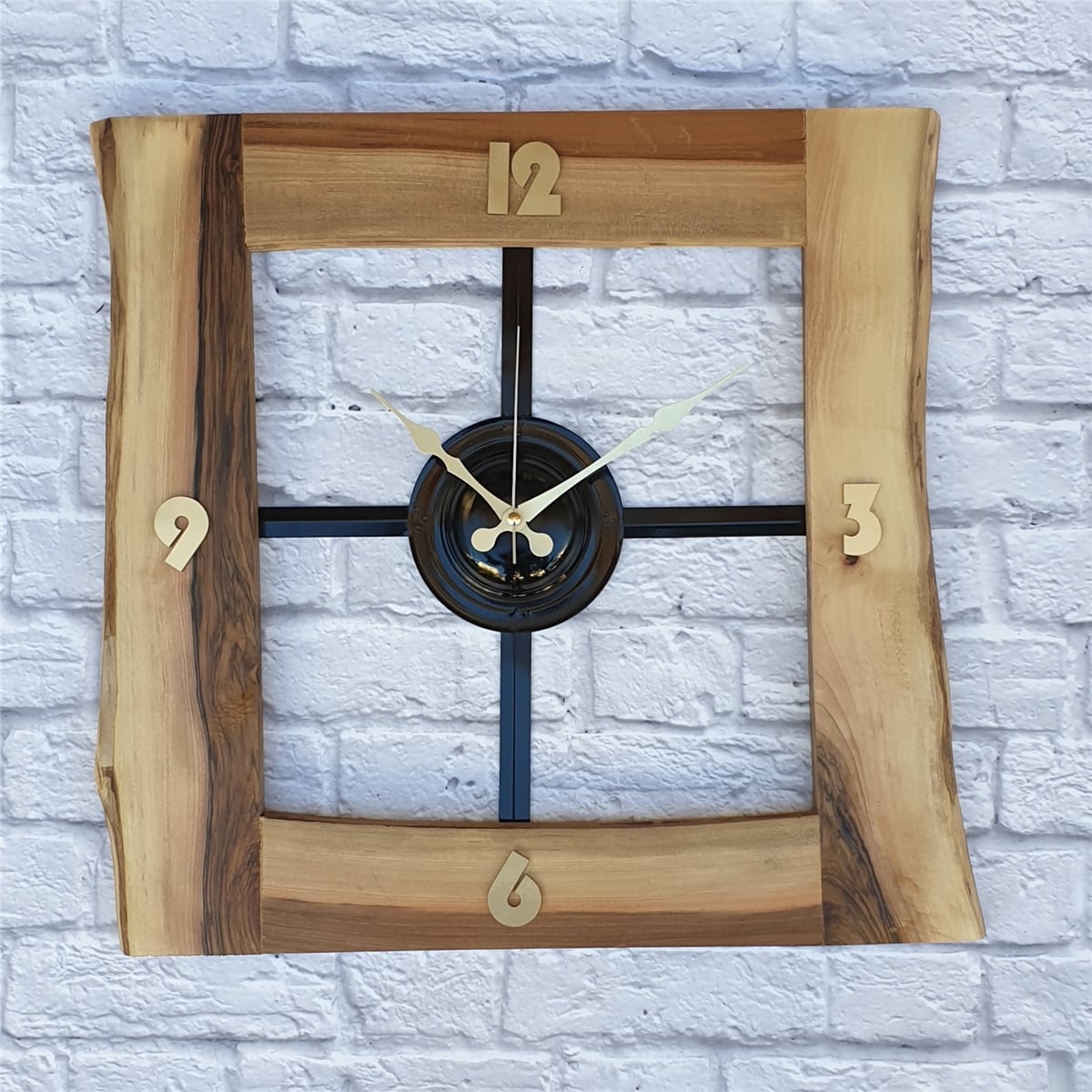 Markakanvas Doğal Ceviz Masif Ahşap,Metal Kare Duvar Saati 50x50cm