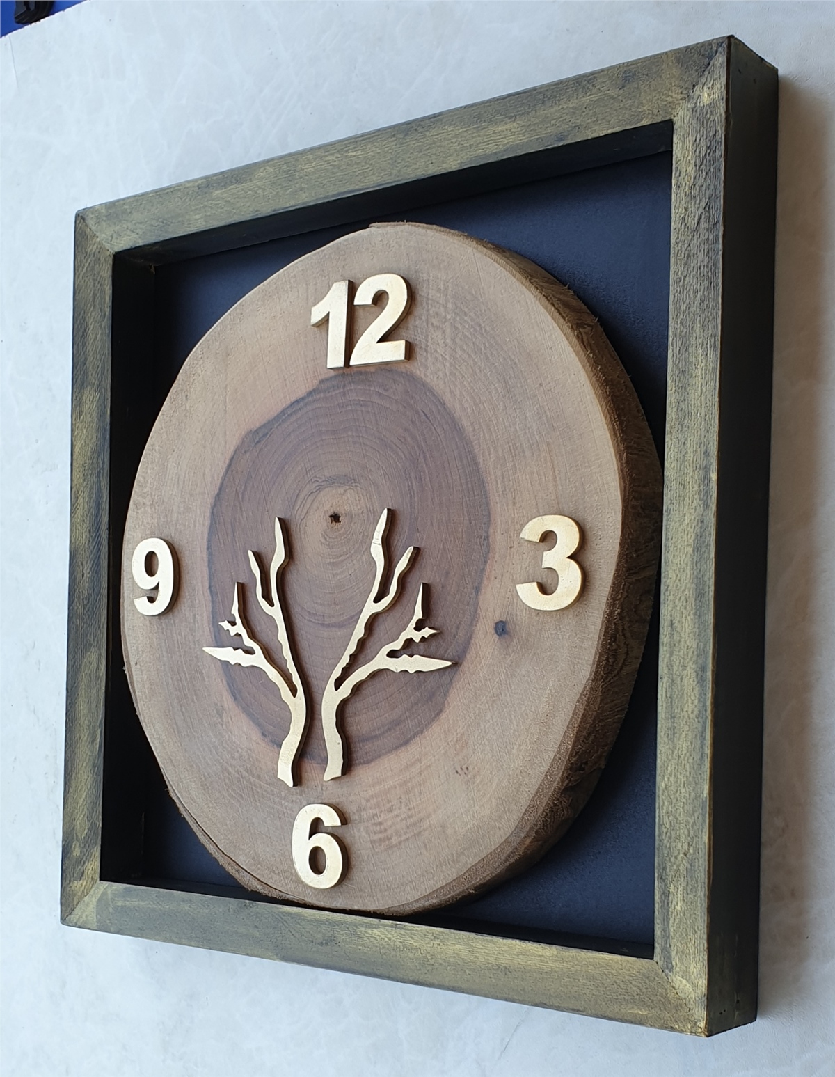 Markakanvas Doğal, Masif Eskitme Ahşap Çerçeveli,  Ceviz Ağacı Kare DUVAR , MASA Saati 30x30 cm