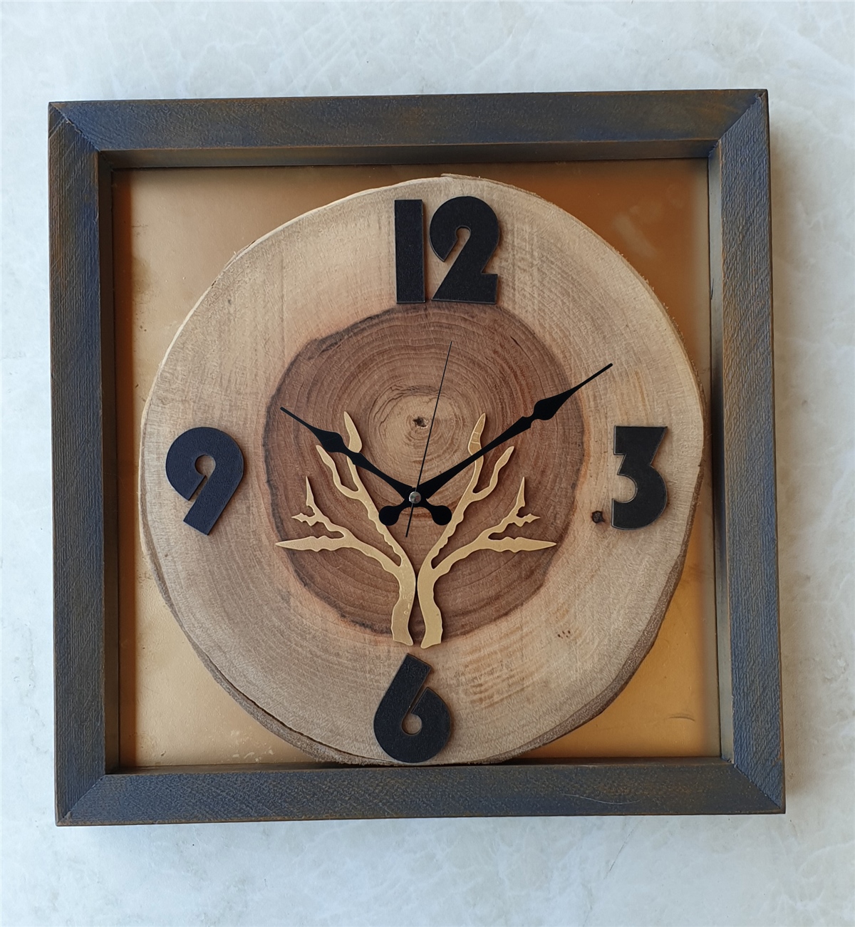 Markakanvas Doğal, Masif Eskitme Ahşap Çerçeveli,  Ceviz Ağacı Kare DUVAR , MASA Saati 30x30 cm