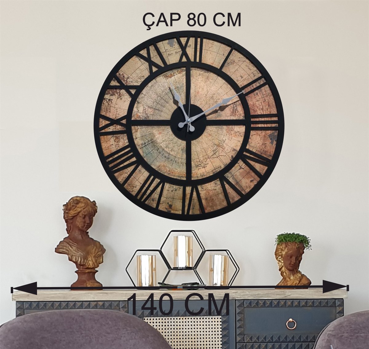 Markakanvas Eski Dünya Haritalı Duvar Saati   (Çap 50 cm - 80 cm )