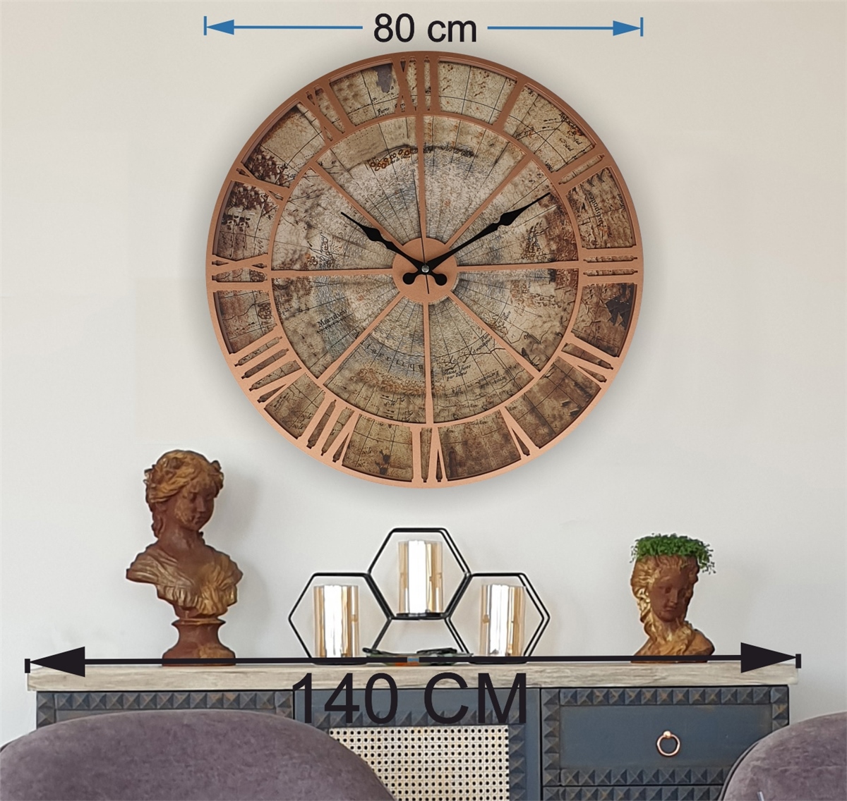 Markakanvas Eski Dünya Haritalı Duvar Saati   (Çap 50 cm - 80 cm )