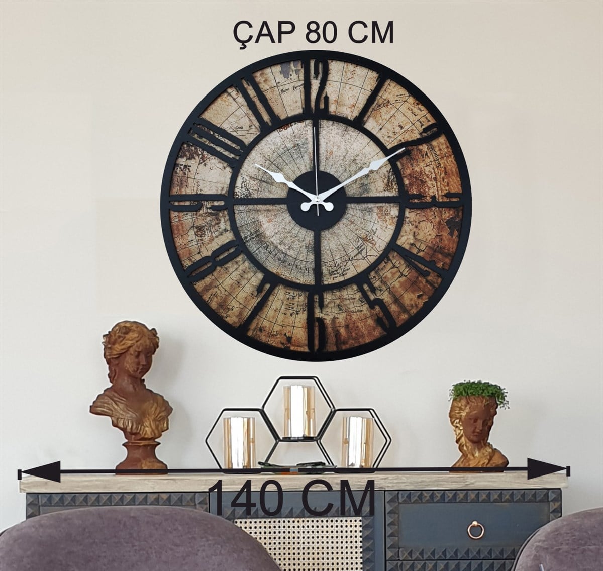 Markakanvas Eski Dünya Haritalı Duvar Saati   (Çap 50 cm - 80 cm )