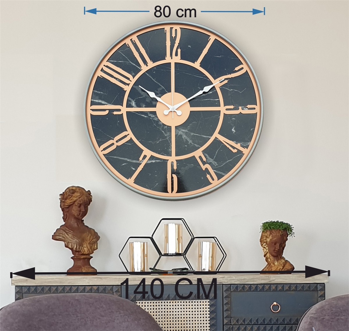 Markakanvas Gri  Metal Kasalı Mermer Desenli  Duvar Saati  ( Çap 50 cm -Çap 80 cm )
