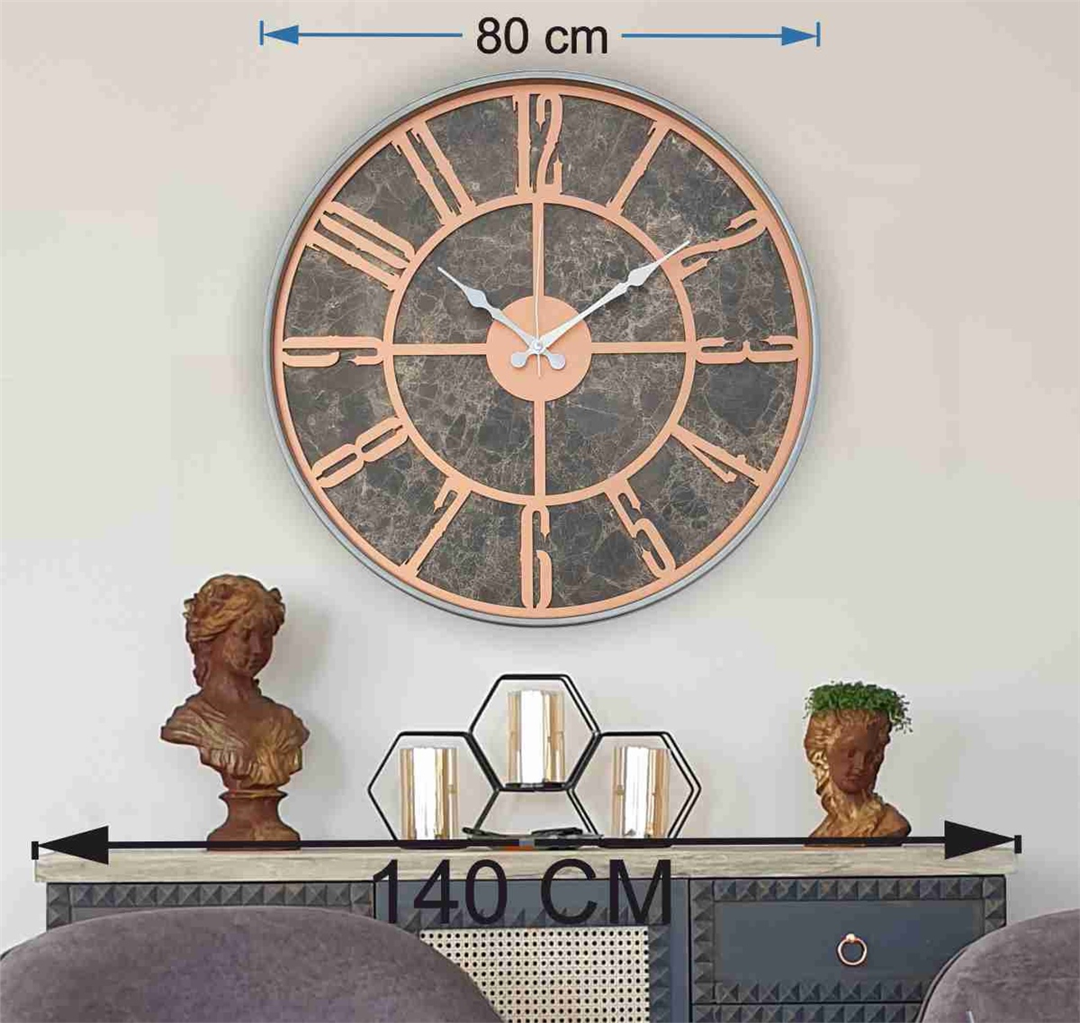 Markakanvas Gri  Metal Kasalı Mermer Desenli  Duvar Saati  ( Çap 50 cm -Çap 80 cm )