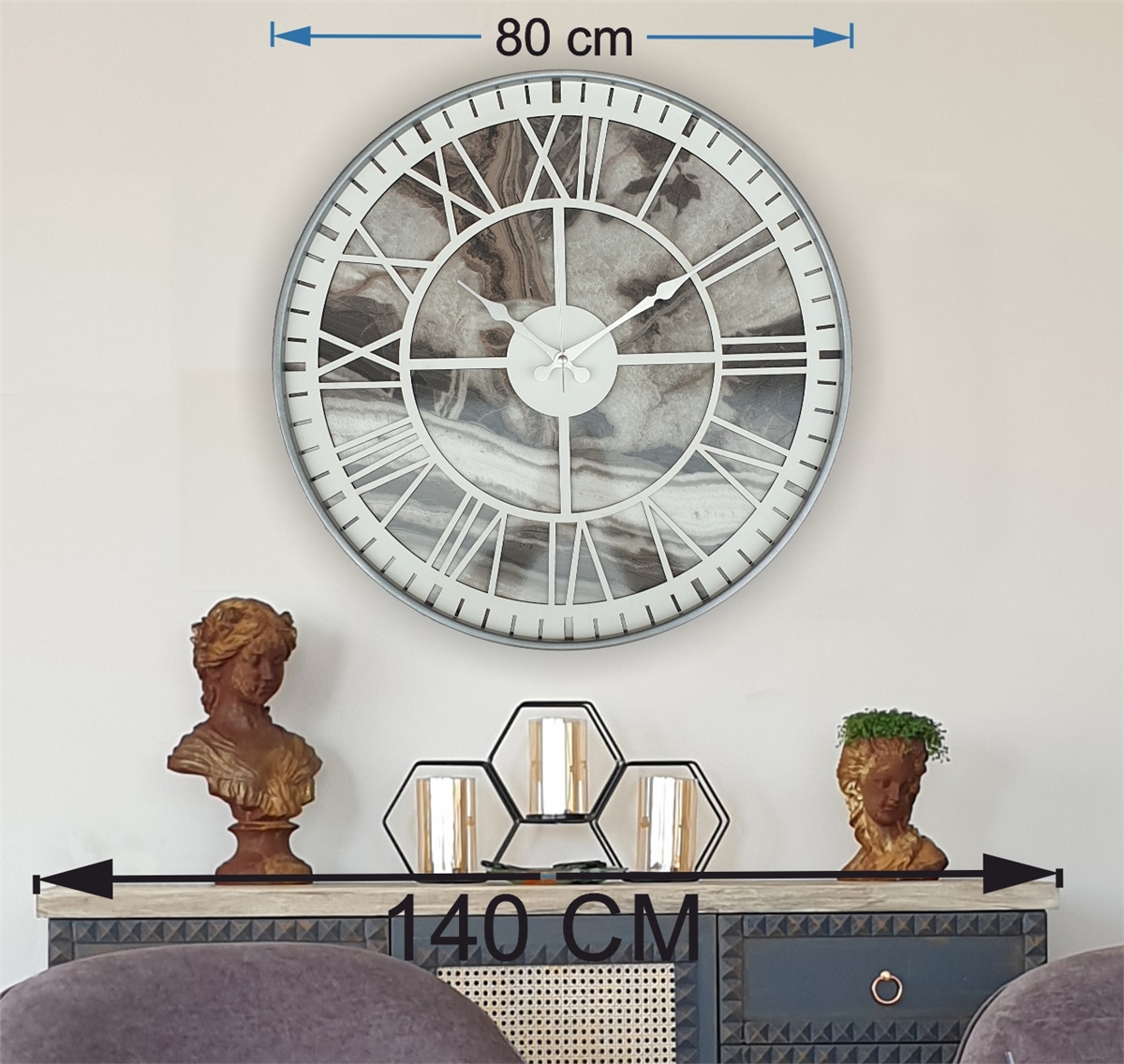 Markakanvas Gri  Metal Kasalı Mermer Desenli  Duvar Saati  ( Çap 50 cm -Çap 80 cm )