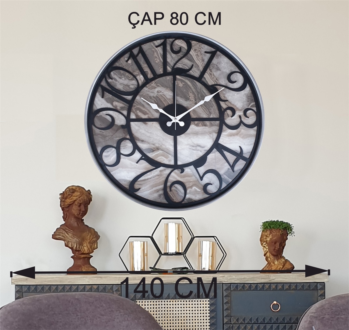 Markakanvas Gri  Metal Kasalı Mermer Desenli  Duvar Saati  ( Çap 50 cm -Çap 80 cm )