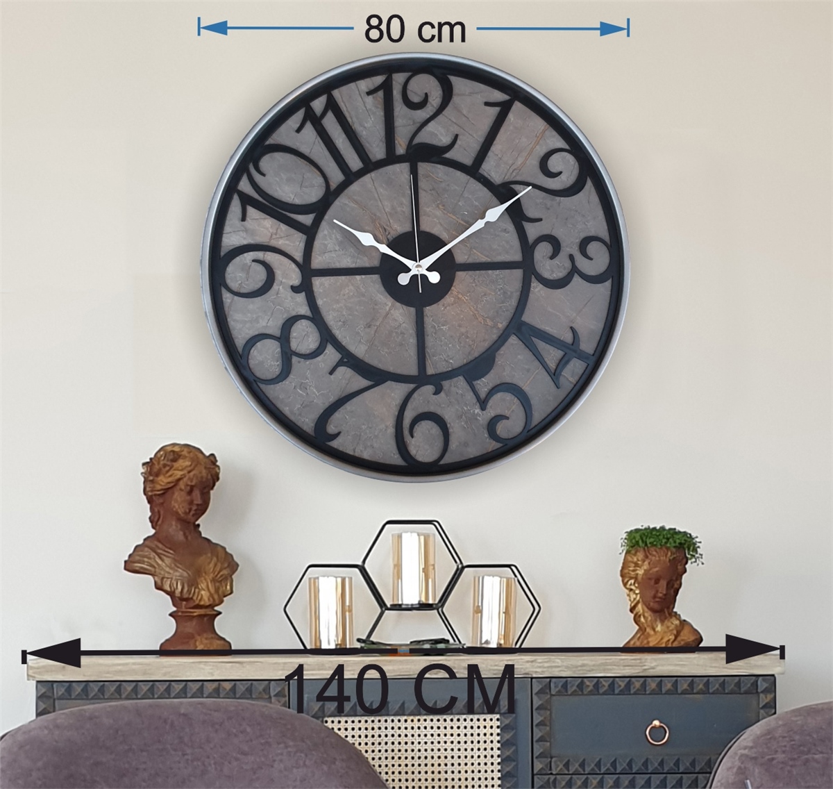 Markakanvas Gri  Metal Kasalı Mermer Desenli  Duvar Saati  ( Çap 50 cm -Çap 80 cm )
