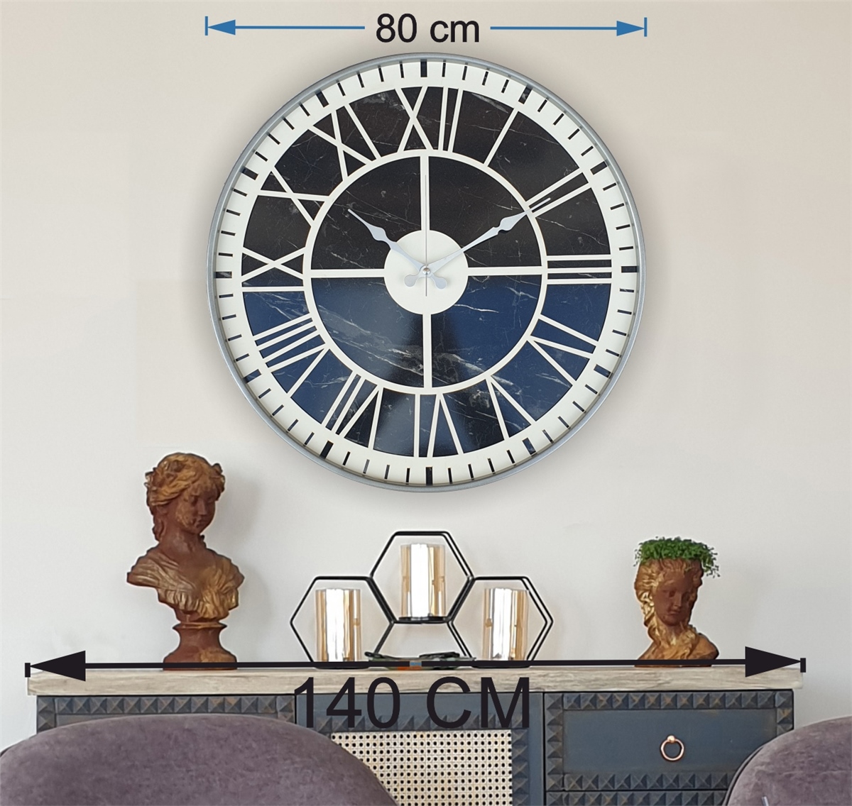 Markakanvas Gri  Metal Kasalı Mermer Desenli  Duvar Saati  ( Çap 50 cm -Çap 80 cm )