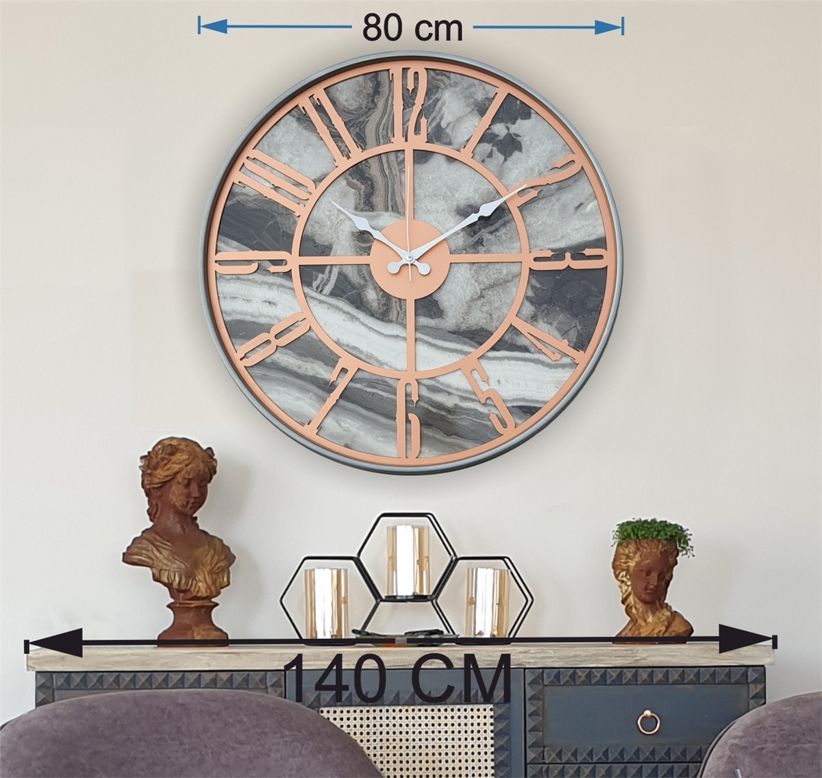 Markakanvas Gri  Metal Kasalı Mermer Desenli  Duvar Saati  ( Çap 50 cm -Çap 80 cm )