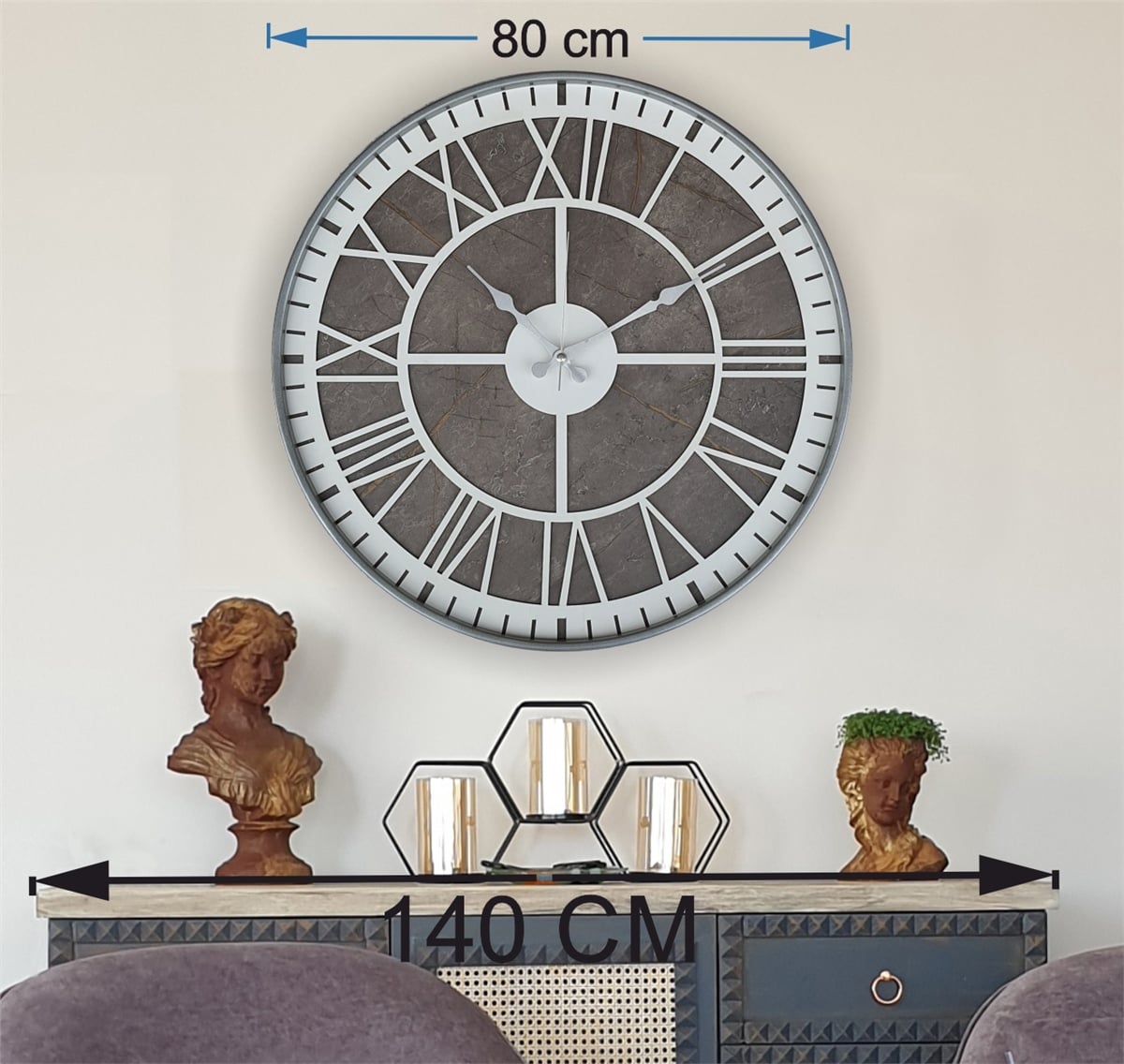 Markakanvas Gri  Metal Kasalı Mermer Desenli  Duvar Saati  ( Çap 50 cm -Çap 80 cm )