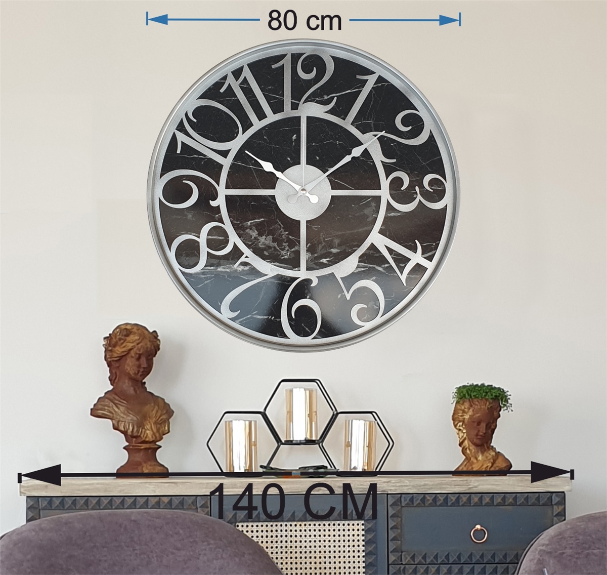Markakanvas Gri  Metal Kasalı Mermer Desenli  Duvar Saati  ( Çap 50 cm -Çap 80 cm )