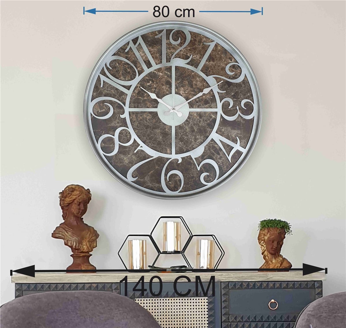 Markakanvas Gri  Metal Kasalı Mermer Desenli  Duvar Saati  ( Çap 50 cm -Çap 80 cm )