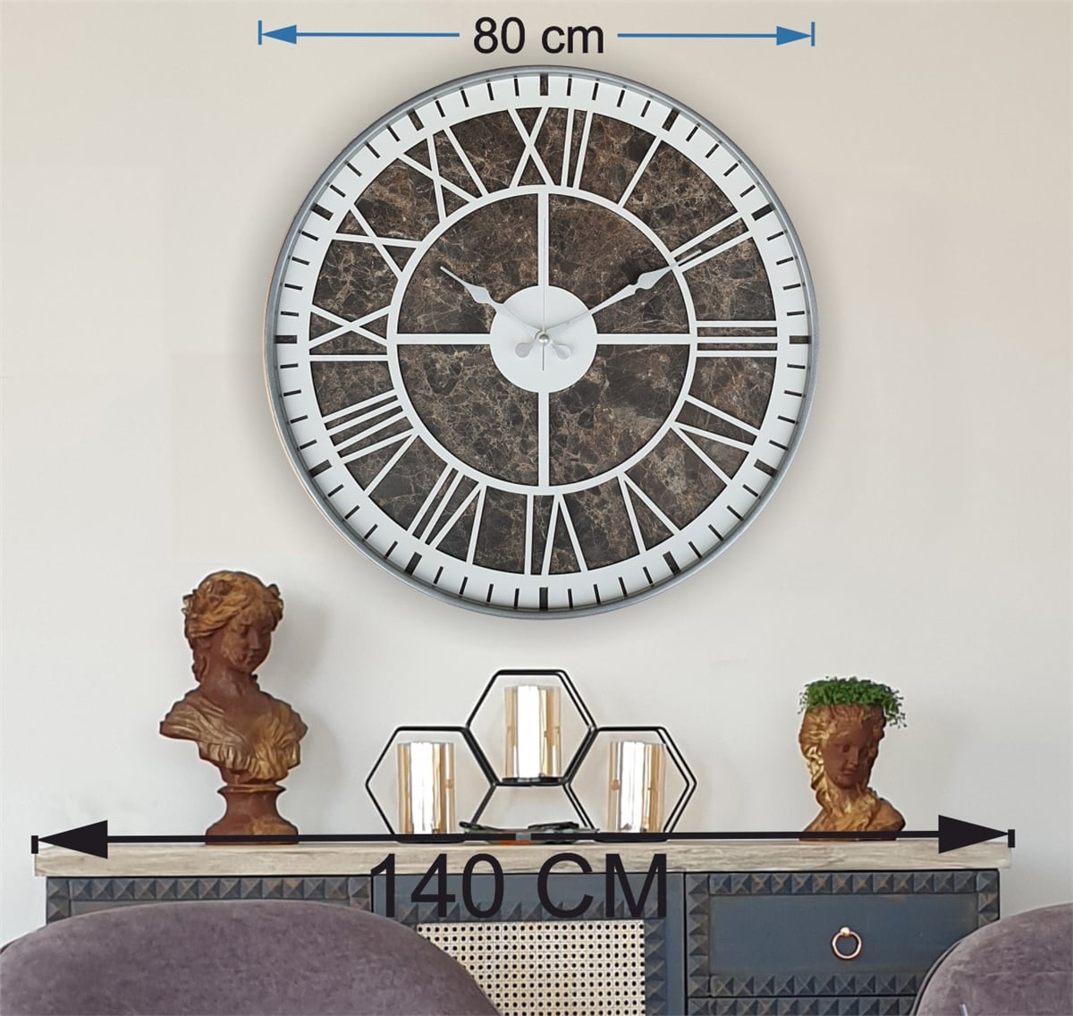 Markakanvas Gri  Metal Kasalı Mermer Desenli  Duvar Saati  ( Çap 50 cm -Çap 80 cm )